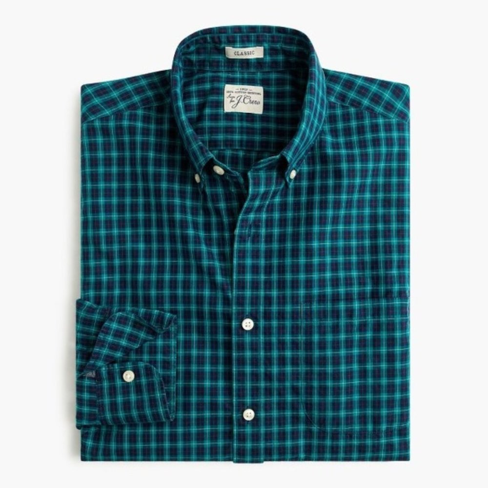 J. CREW SLIM SECRET WASH SHIRT GREEN PLAID LARGE
